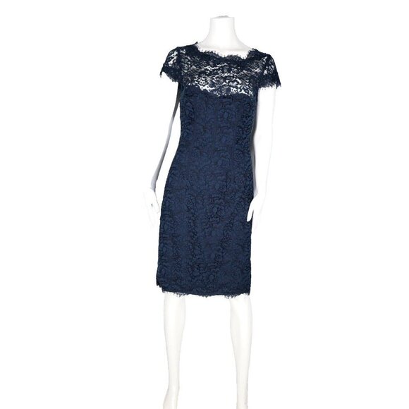 Monique Lhuillier ML Women Size US6 Small Navy Blue Short Knee Length Lace Dress - Picture 2 of 10